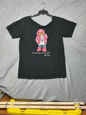 Black Short-Sleeve Tee with Pink Bear Graphic